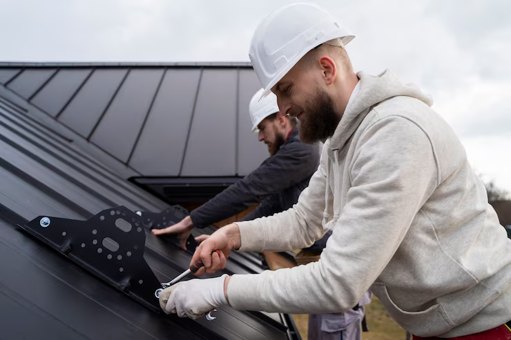Professional roofers working on the installation of a rooftop with care and focus. To get an estimate, get in touch with us today.
