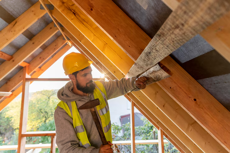 A professional roofer working hard while installing a roof. Get an estimate today by contacting us.
