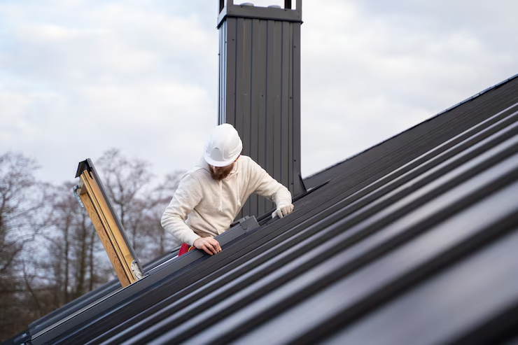 A professional installing a roof with precision and care. Get a free estimate today by getting in touch with us.
