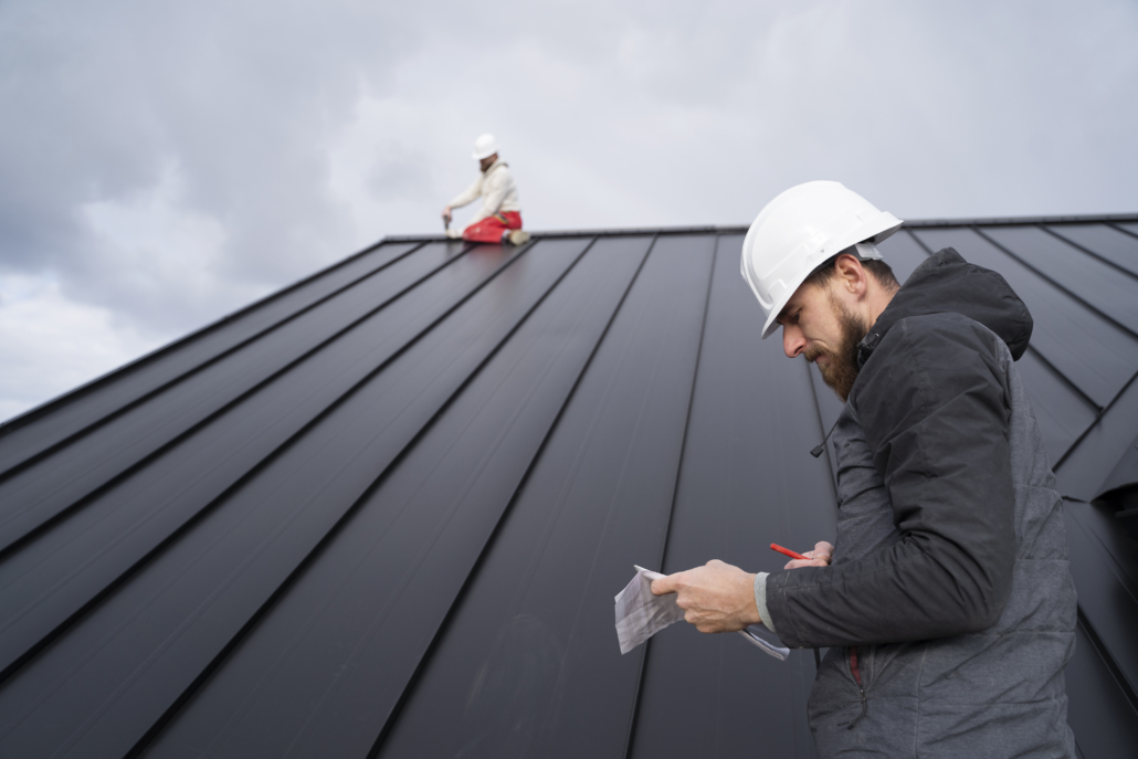 An experienced roofer working on the construction of a roof. Get your free estimate today by contacting us.