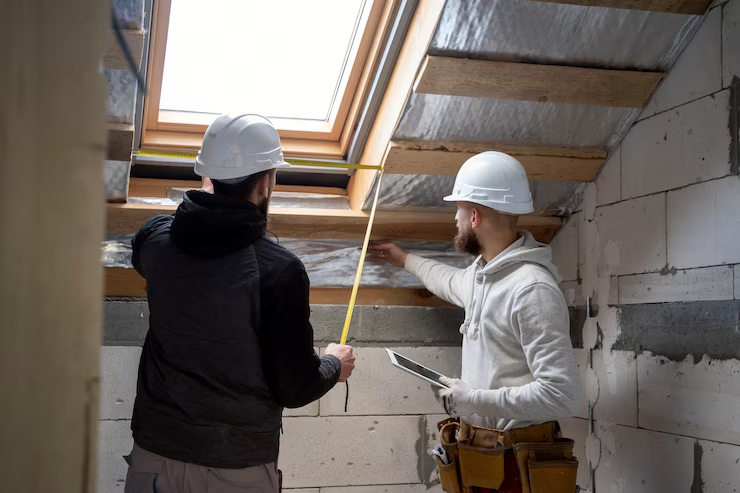 Professionals working on the roof repair of a residential building. To get an estimate, contact us today.